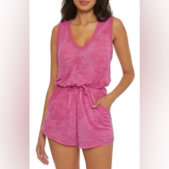 NEW Весса Beach Date Open Back Cover-Up Romper Vibrant Pink Sleeveless Romper M - Picture 8 of 8